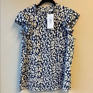 Solution NWT Blue and White Women's Top Large Blouse short sleeve